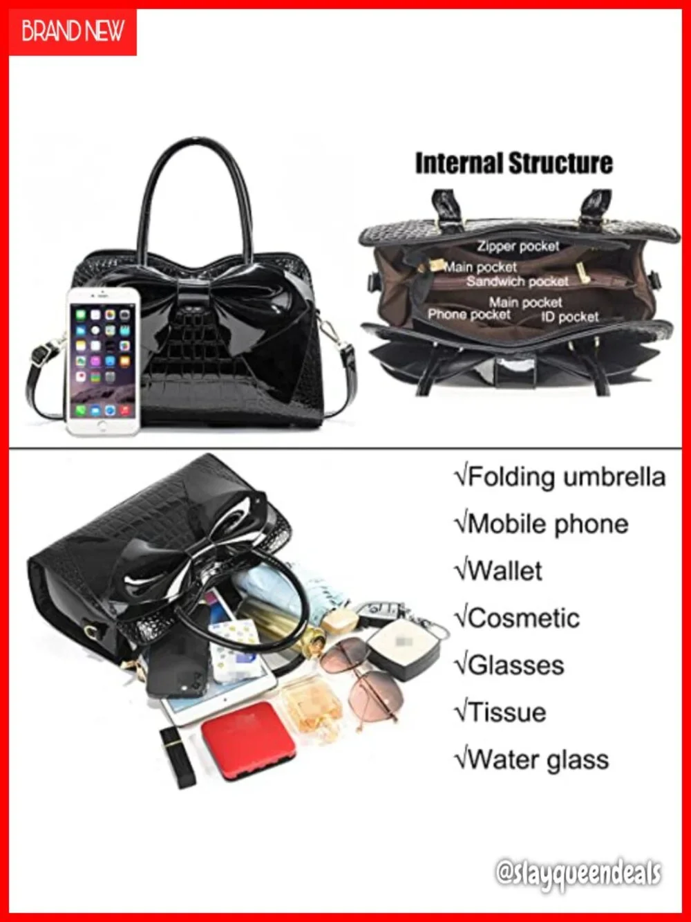 Patent Leather Bowknot Satchel Tote Handbag with Top Handle, Shoulder Strap